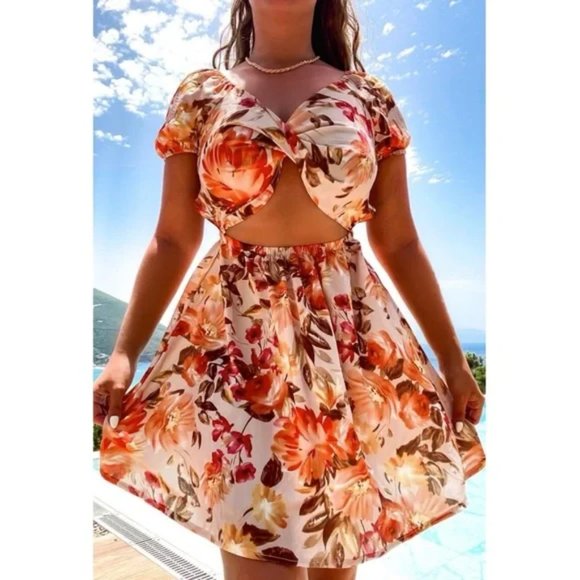 Brown Floral Print Short Sleeve V-Neck Cutout Open Back Mini Dress - Picture 11 of 12